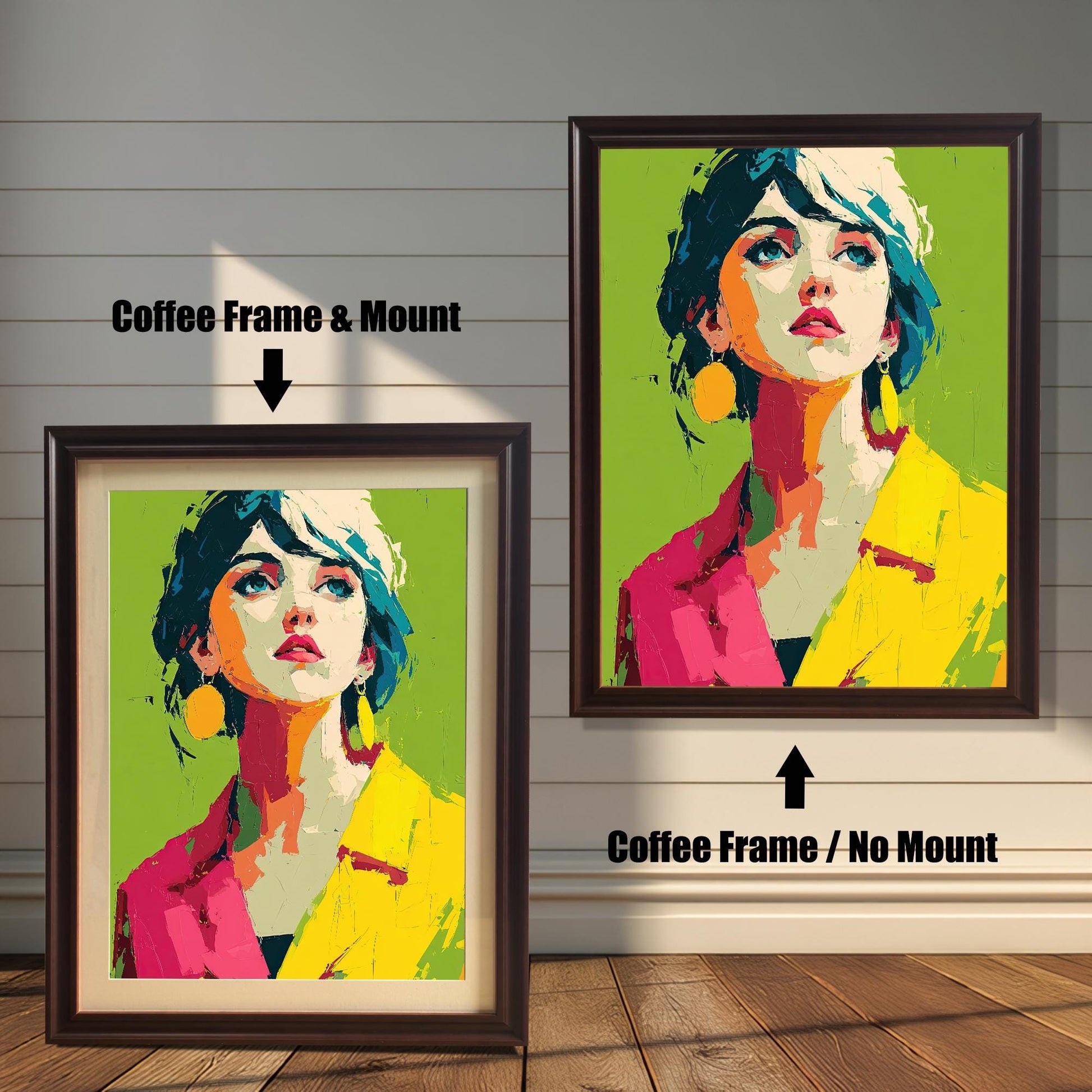 Two framed pop art prints of a woman in a yellow and pink jacket are shown. The left image is framed in a coffee color with a white mount, and the right is framed in the same color without a mount.