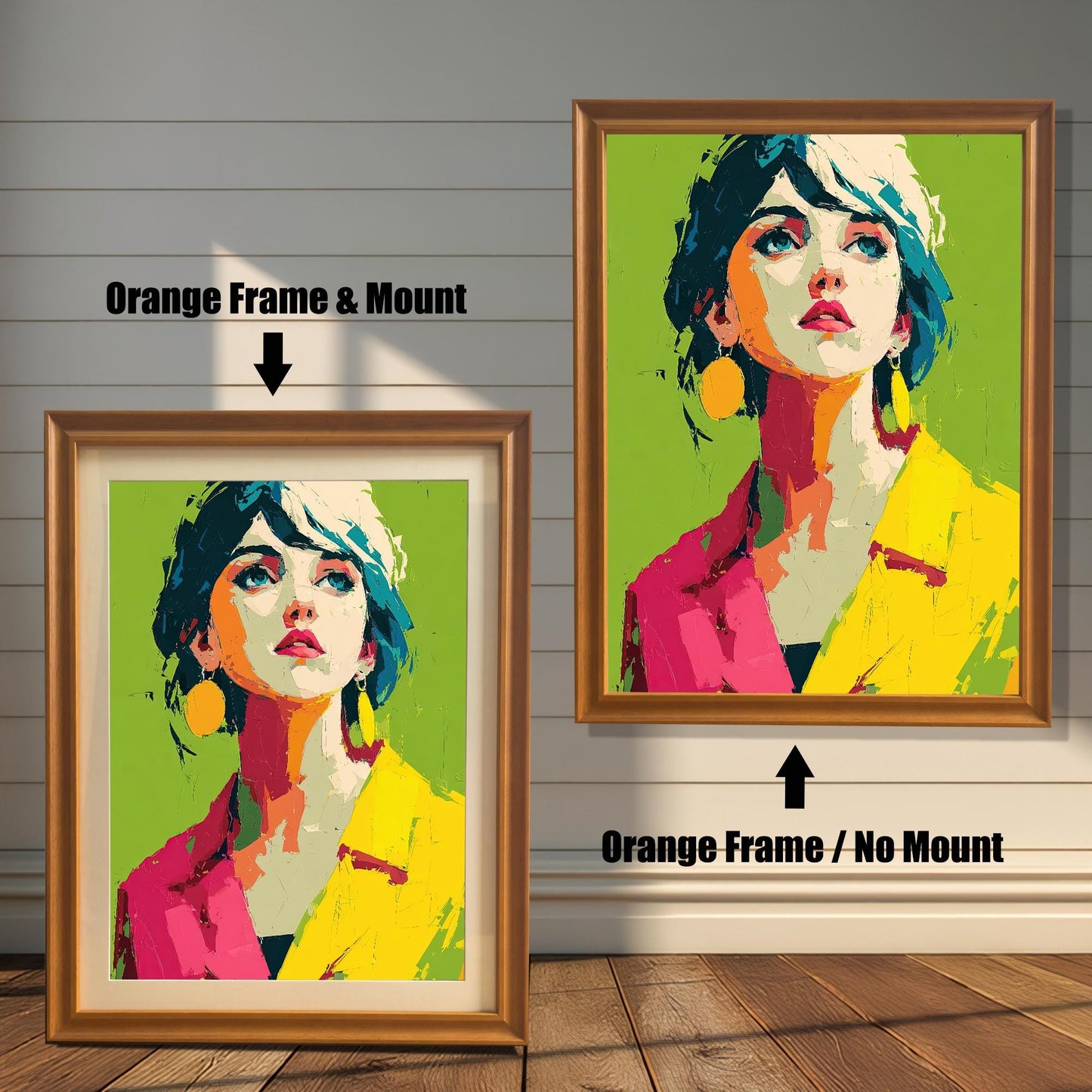 Two framed pop art prints of a woman in a yellow and pink jacket are shown. The left image is framed in orange-brown with a white mount, and the right is framed in the same color without a mount.