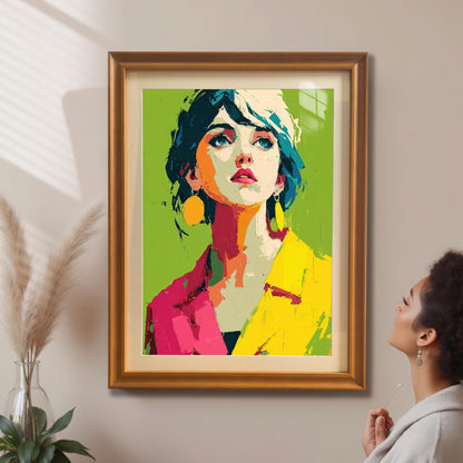 A vibrant, modern pop art portrait of a woman with a yellow and pink jacket hangs in an orange-brown frame on a beige wall. A woman with curly hair looks at the artwork from the right.