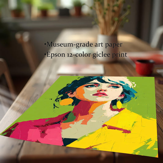 A close-up of an unframed print of the pop art portrait lying on a wooden table, with text describing it as a "museum-grade art paper" and "Epson 12-color giclee print."