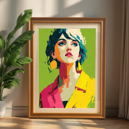 A vibrant pop art portrait of a woman in a yellow and pink jacket is shown in a frame resting on a wooden floor, leaning against a beige wall with a large potted plant nearby.