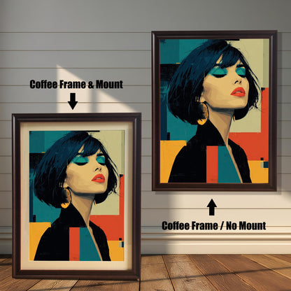 This image shows two framed art prints of a woman in a black jacket. The left print has a white mat and a dark coffee-colored frame, and the right has no mat and the same frame.