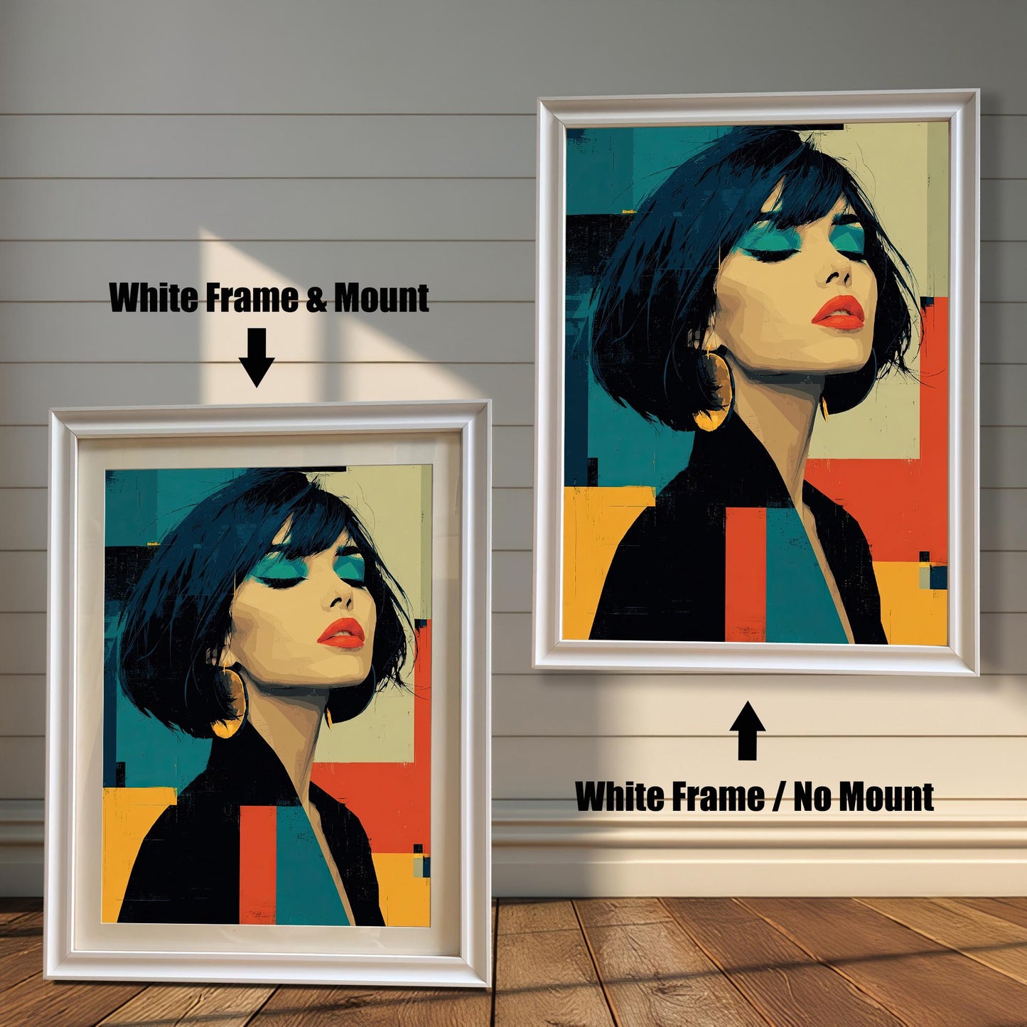 This image shows two framed art prints of a woman in a black jacket. The left print has a white mat and a white frame, and the right has no mat and the same frame.