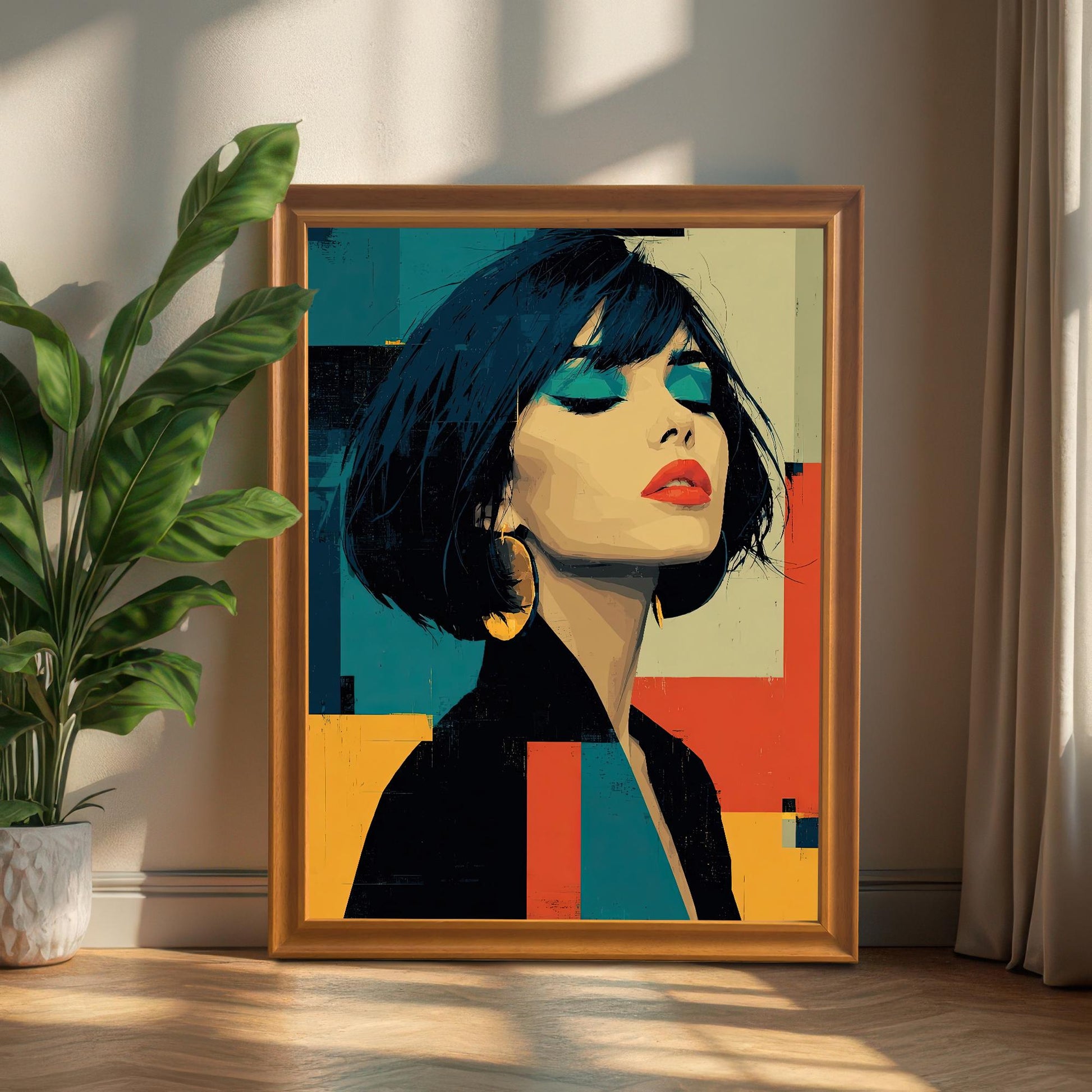 A framed art print of a woman with teal eyeshadow and red lips is standing on a wooden floor, leaning against a beige wall next to a potted plant.