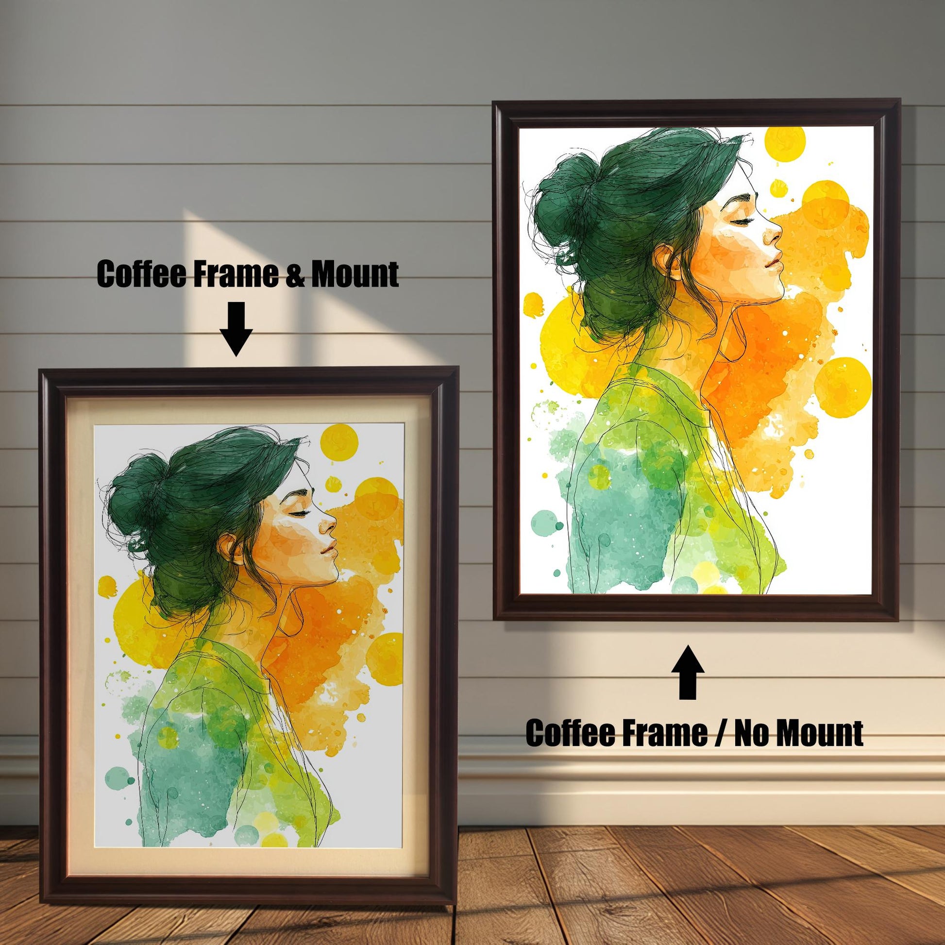 A comparison of two watercolor art prints of a woman in a coffee-colored frame. One print is shown with a matting, and one is shown without.