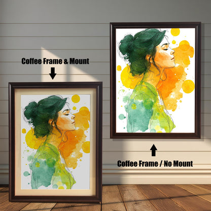 A comparison of two watercolor art prints of a woman in a coffee-colored frame. One print is shown with a matting, and one is shown without.