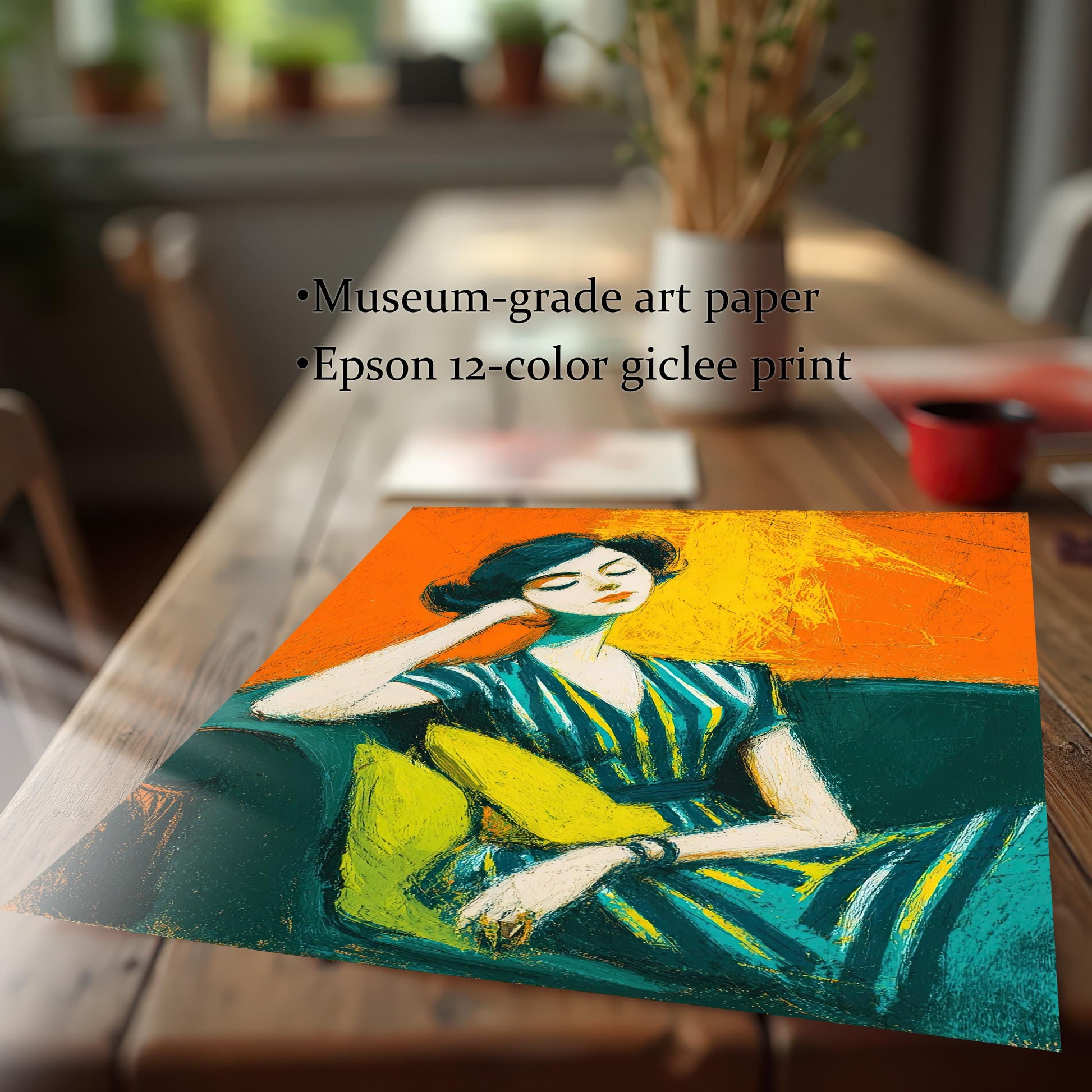 A close-up of an unframed art print of a seated woman, resting on a wooden table. The text highlights "Museum-grade art paper" and an "Epson 12-color giclee print."