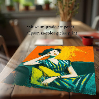 A close-up of an unframed art print of a seated woman, resting on a wooden table. The text highlights "Museum-grade art paper" and an "Epson 12-color giclee print."