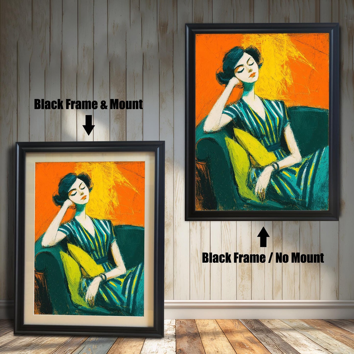 A comparison of two art prints of a seated woman, both in a black frame. One includes a mount, while the other is shown without.