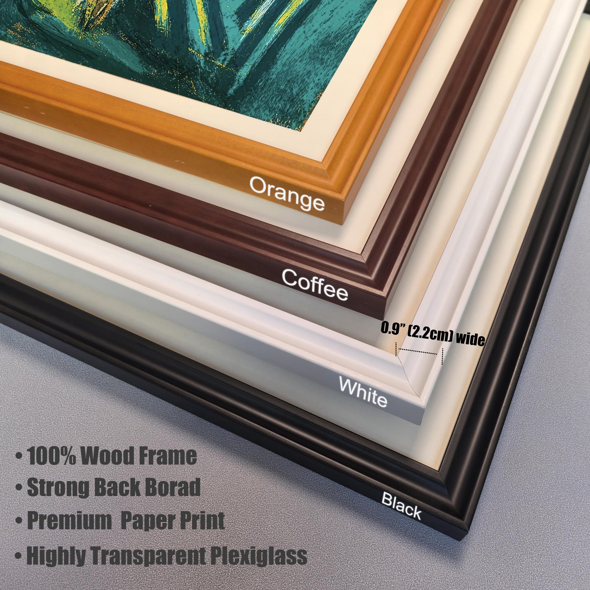 A close-up of the four frame options: black, white, coffee, and orange. The image text indicates the frames are 0.9 inches (2.2 cm) wide and lists features like a wood frame and plexiglass.