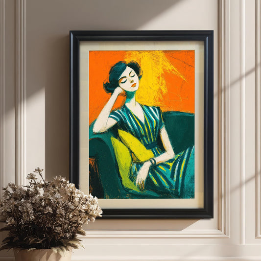 A black-framed print of a woman sitting on a couch, propped against a light-colored wall with wainscoting. A potted plant with dried flowers is in the foreground.
