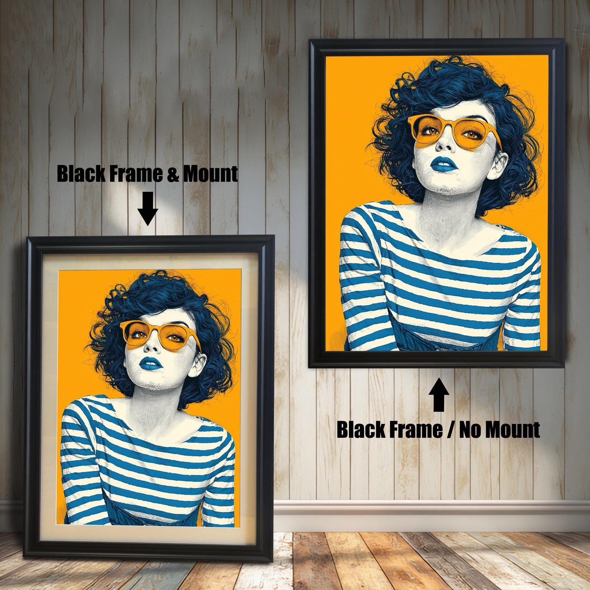 A side-by-side comparison of two prints of a woman in black frames. The print on the left includes a mount, while the one on the right is shown without.