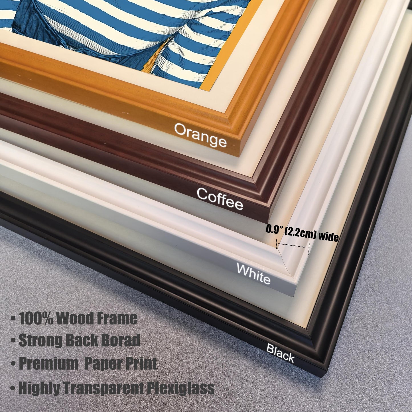 A close-up of the four frame options: black, white, coffee, and orange. The image text indicates the frames are 0.9 inches (2.2 cm) wide and lists features like a 100% wood frame and plexiglass.
