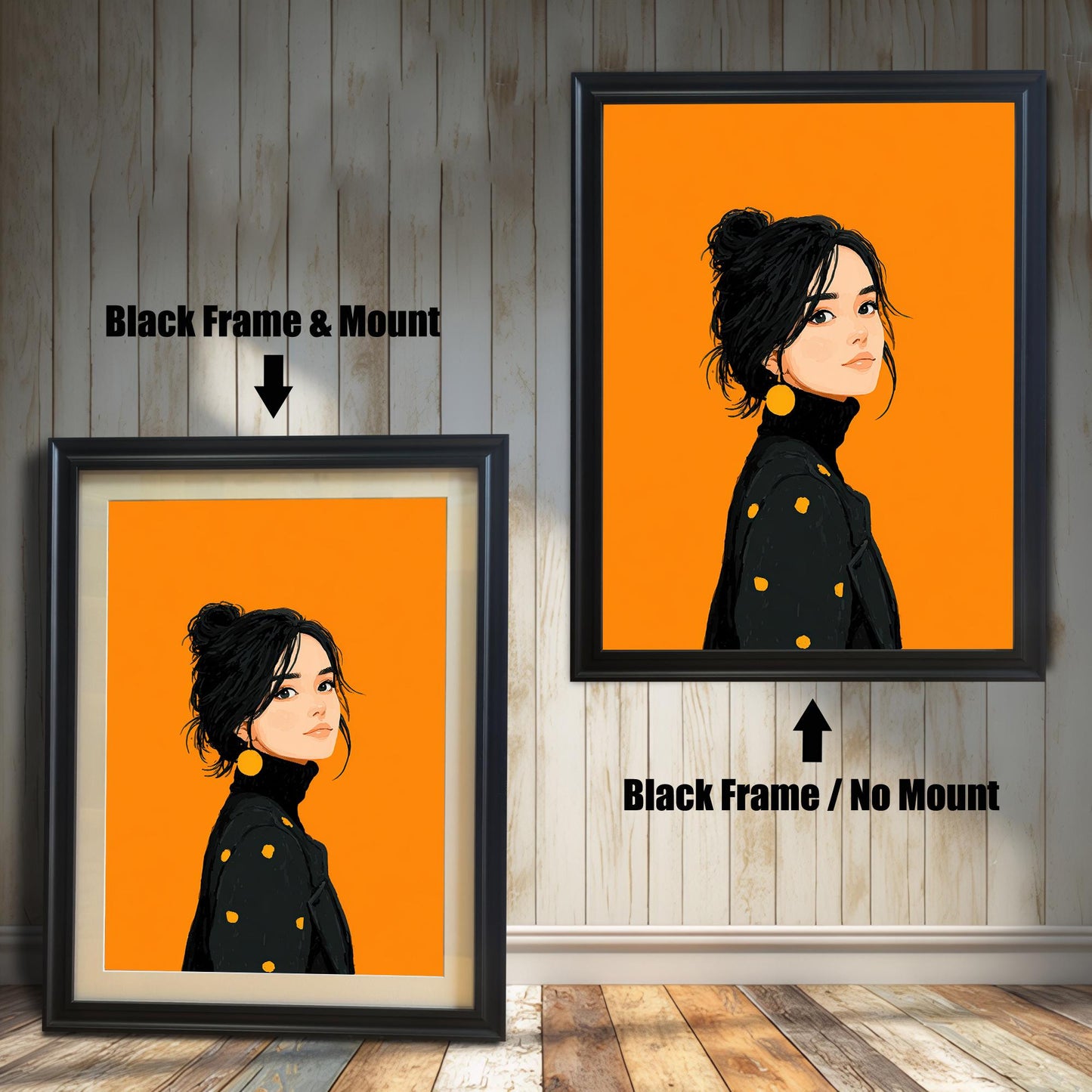 A side-by-side comparison of two art prints of a woman in black frames. The print on the left has a mount, while the one on the right is shown without.