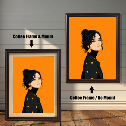 A side-by-side comparison of two framed prints of a woman. Both prints are in a coffee-colored frame. One is shown with a mount, and the other is shown without.
