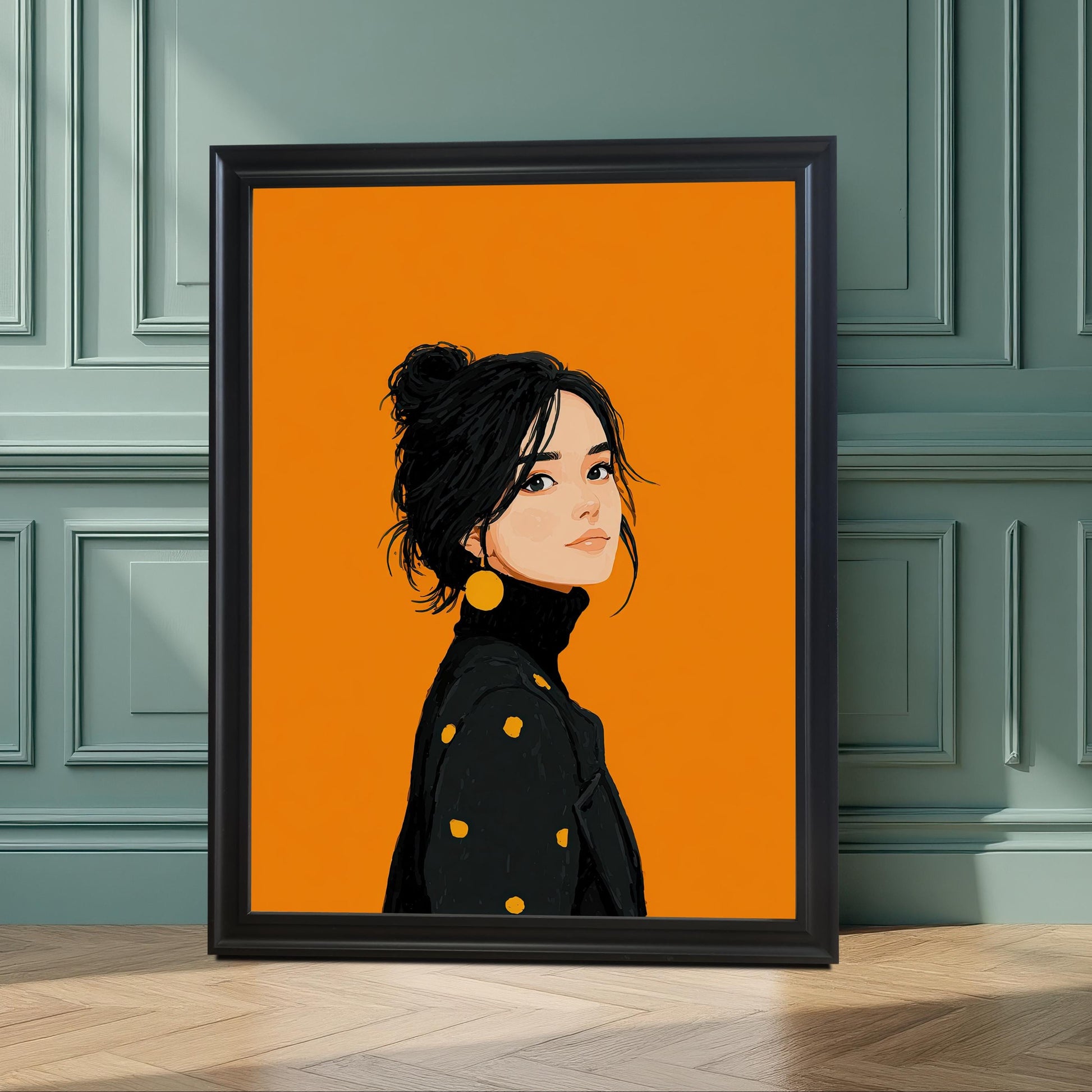 A black-framed art print of a woman in a black turtleneck against an orange background. The print is propped on a wooden floor in front of a teal wall with decorative molding.