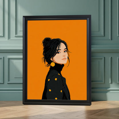A black-framed art print of a woman in a black turtleneck against an orange background. The print is propped on a wooden floor in front of a teal wall with decorative molding.