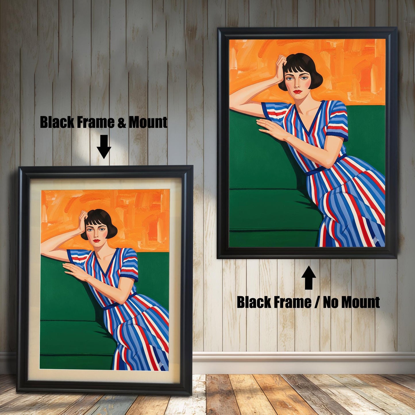A side-by-side comparison of two art prints of a seated woman, both in a black frame. One includes a mount, while the other is shown without.