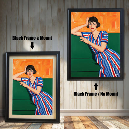 A side-by-side comparison of two art prints of a seated woman, both in a black frame. One includes a mount, while the other is shown without.