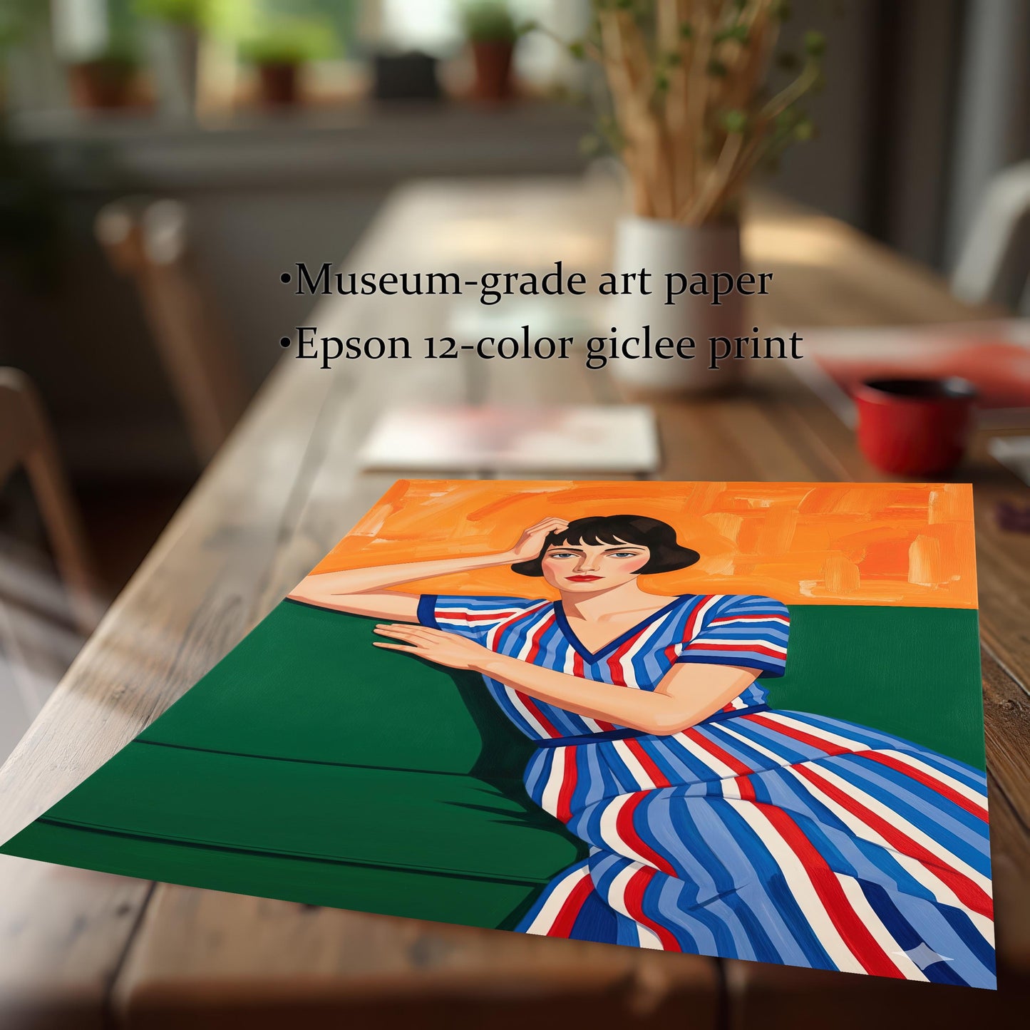 A close-up of an unframed art print of a seated woman, resting on a wooden table. The text highlights "Museum-grade art paper" and an "Epson 12-color giclee print."