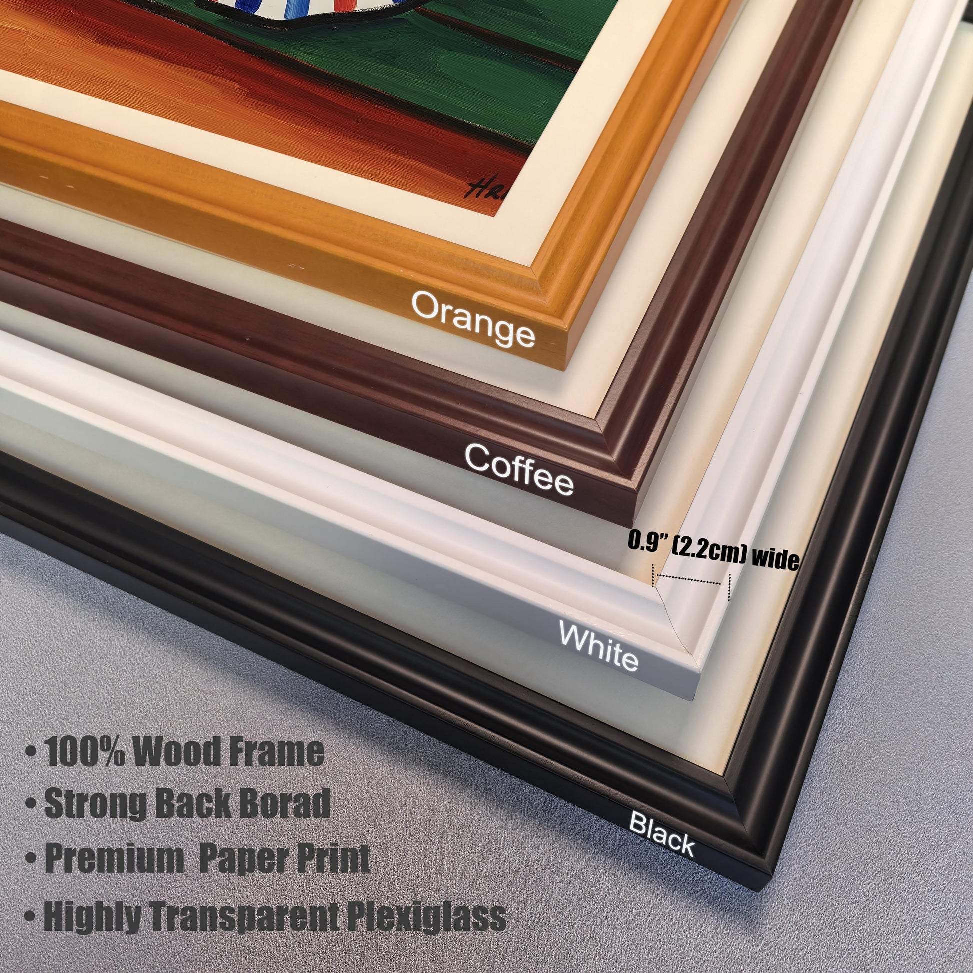 A close-up of the four frame options: black, white, coffee, and orange. The image text indicates the frames are 0.9 inches (2.2 cm) wide and lists features like a 100% wood frame and plexiglass.