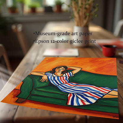 A close-up shot of an unframed art print of a seated woman in a striped dress, resting on a rustic wooden table. The text highlights "Museum-grade art paper" and an "Epson 12-color giclee print."