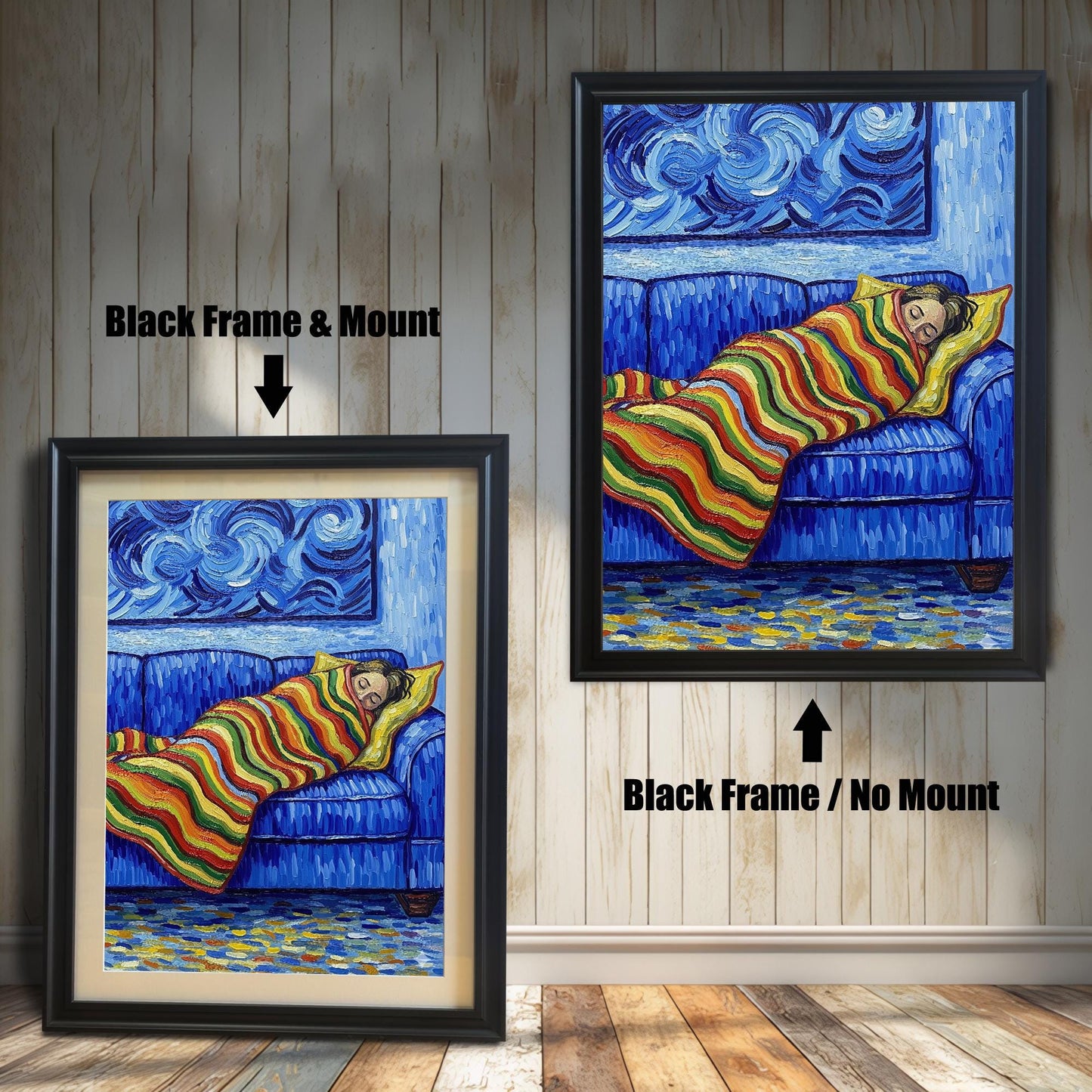 Two versions of a painting of a person sleeping on a blue couch in a black frame. The one on the left has a mat, and the one on the right has no mat.