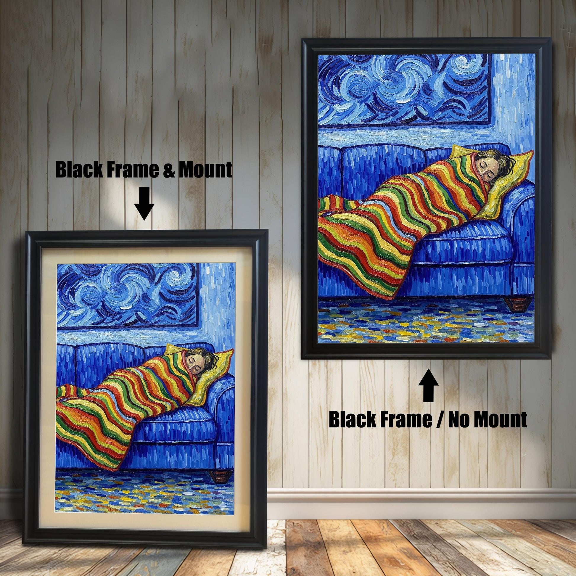 Two versions of a painting of a person sleeping on a blue couch in a black frame. The one on the left has a mat, and the one on the right has no mat.