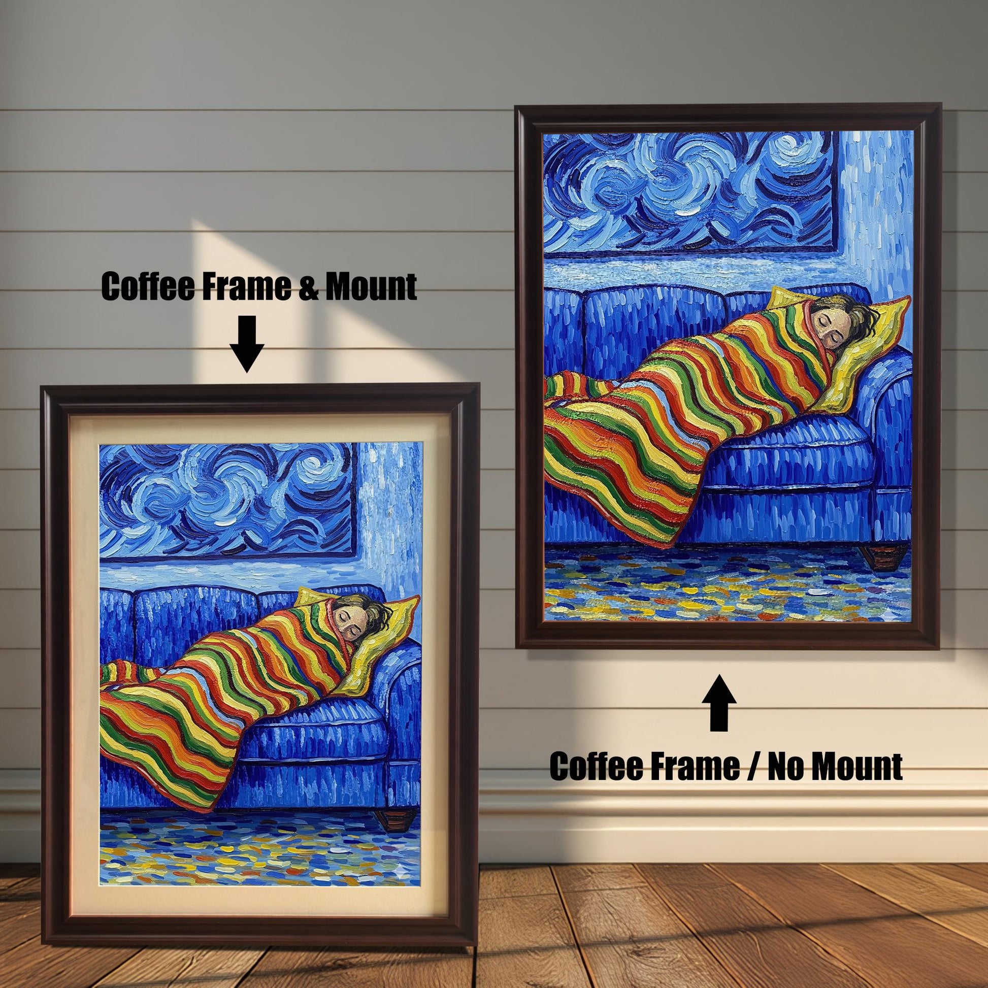 Two versions of a painting of a person sleeping on a blue couch in a coffee brown frame. The one on the left has a mat, and the one on the right has no mat.
