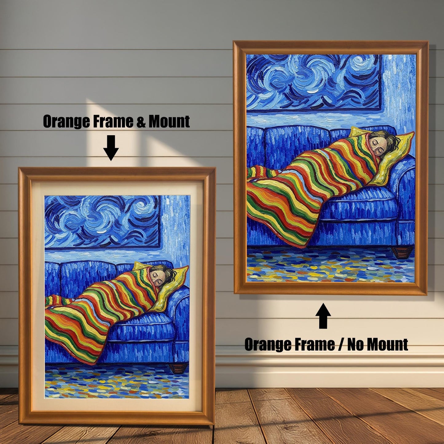 Two versions of a painting of a person sleeping on a blue couch in an orange frame. The one on the left has a mat, and the one on the right has no mat.