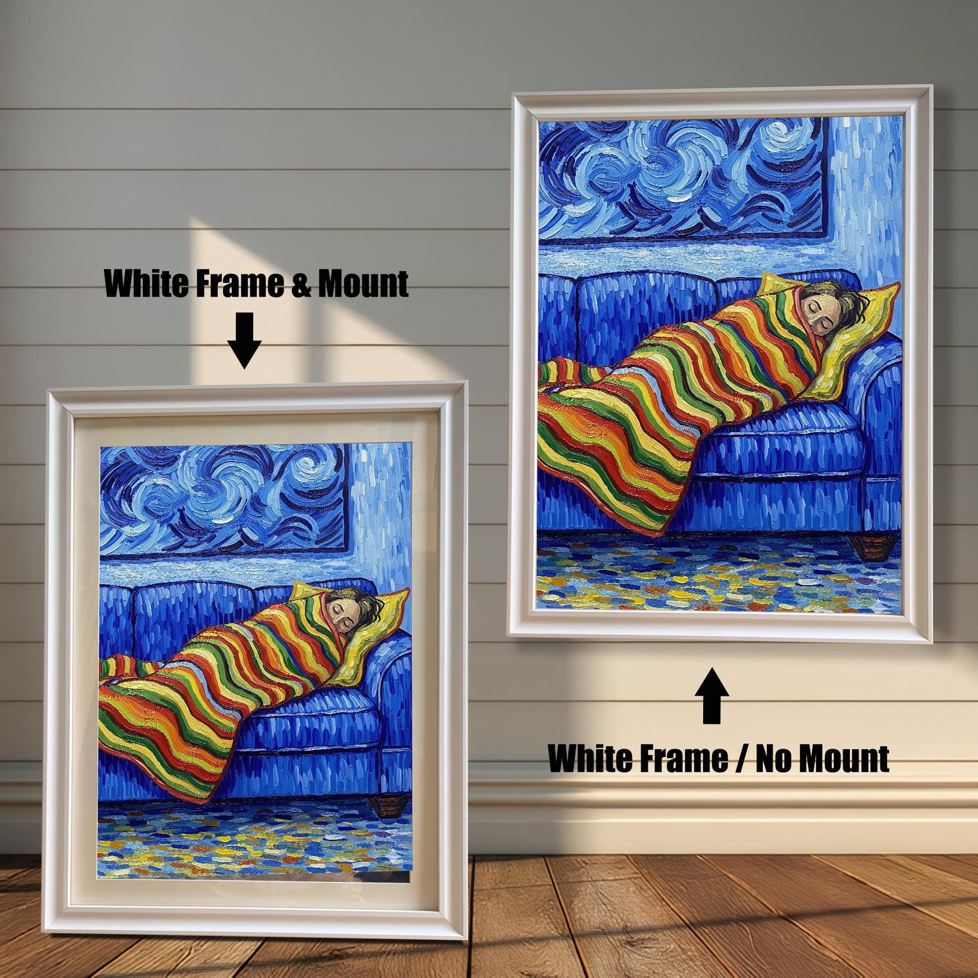 Two versions of a painting of a person sleeping on a blue couch in a white frame. The one on the left has a white mat, and the one on the right has no mat.