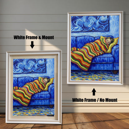 Two versions of a painting of a person sleeping on a blue couch in a white frame. The one on the left has a white mat, and the one on the right has no mat.