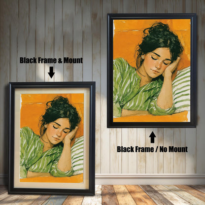 A side-by-side comparison of a painting of a sleeping woman, showing the black frame options. One version has a white matting ("mount") and the other does not.