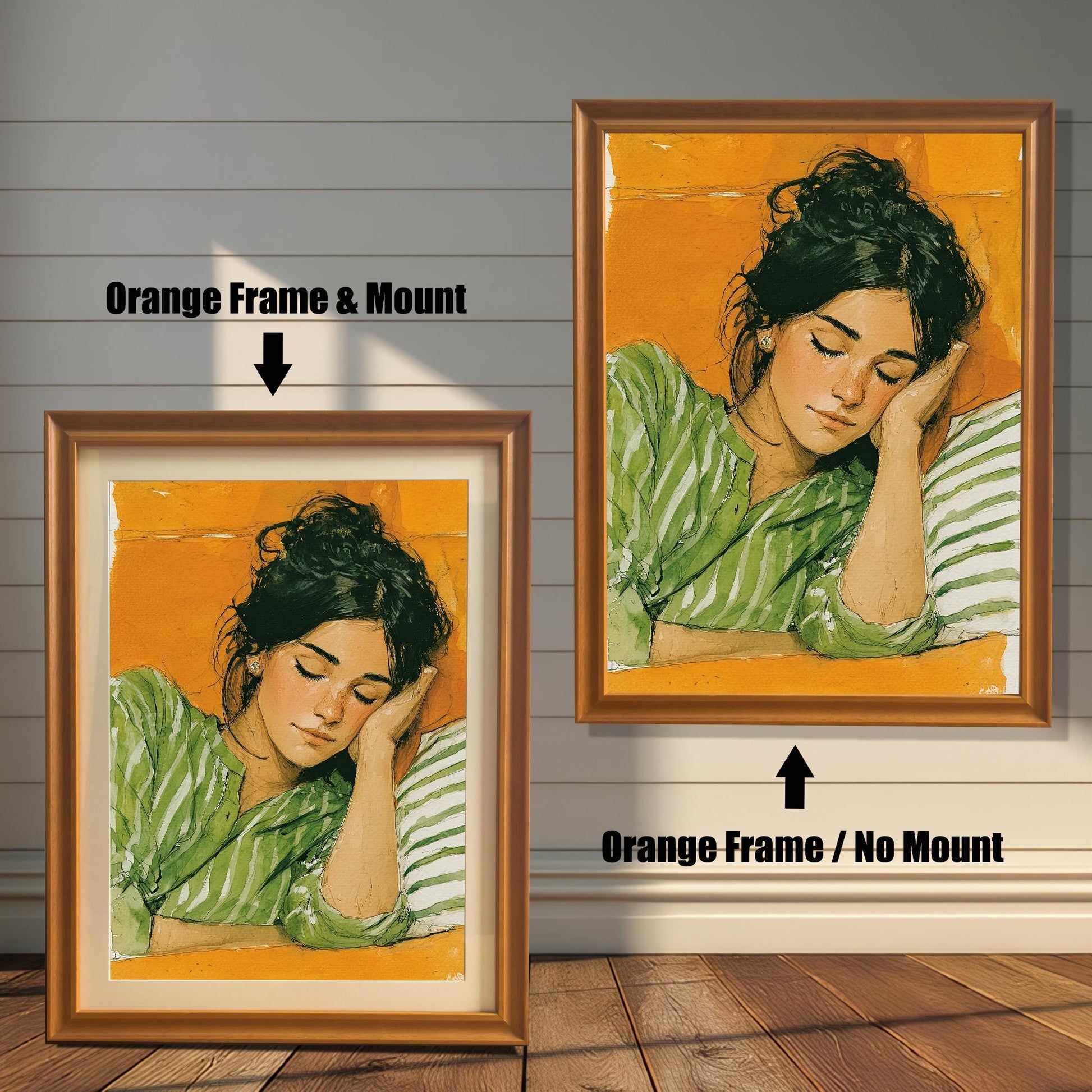 A comparison of a painting of a sleeping woman in an orange frame. One version has a white matting ("mount") and the other does not, highlighting the two framing options.