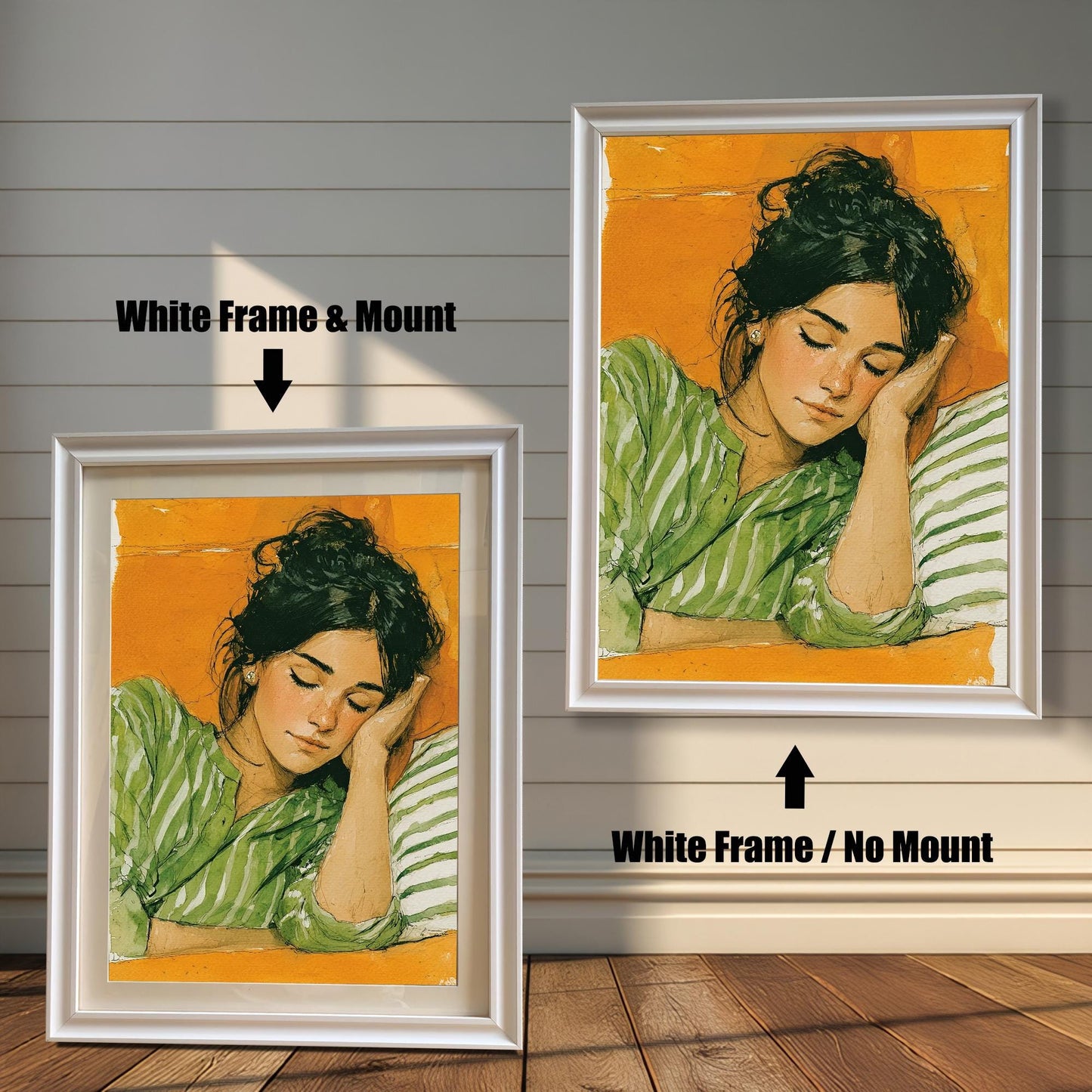 A comparison of a painting of a sleeping woman in a white frame. One version has a white matting ("mount") and the other does not, demonstrating two ways to display the art.