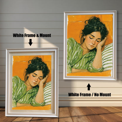 A comparison of a painting of a sleeping woman in a white frame. One version has a white matting ("mount") and the other does not, demonstrating two ways to display the art.