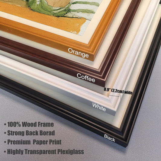 A close-up view of four different frame color options: orange, coffee, white, and black. Text describes the frames as 100% wood, with a wide, 0.9-inch profile.