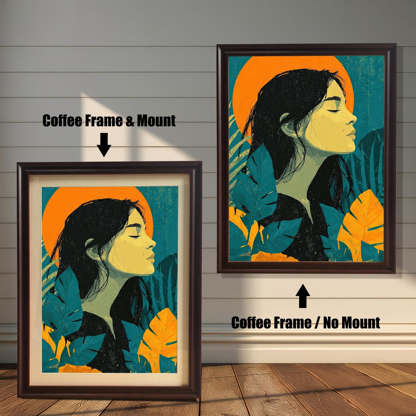 A side-by-side comparison of a framed art print. The left image shows the print in a thick coffee-colored frame with a white mat, and the right image shows the print in a thinner coffee frame without a mat.