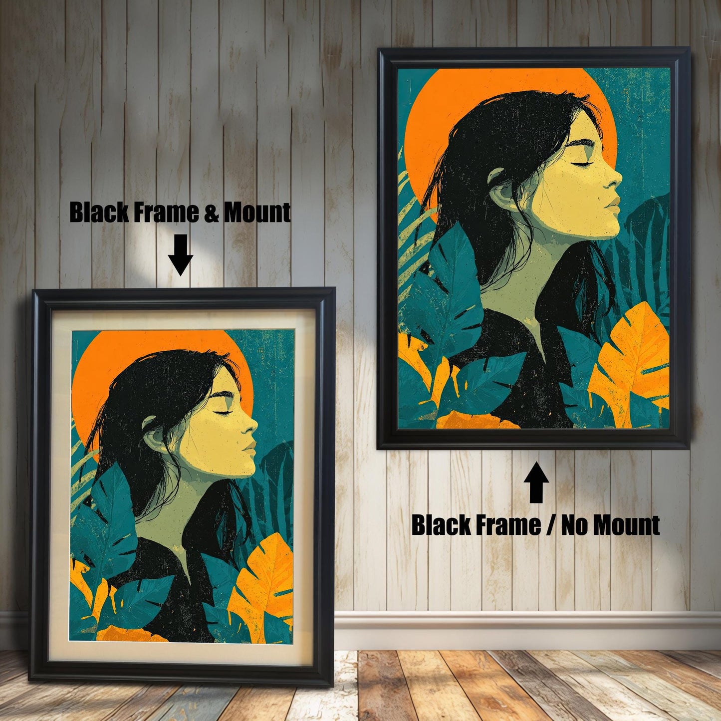 A side-by-side comparison of a framed art print. The left image shows the print in a thick black frame with a white mat, and the right image shows the print in a thinner black frame without a mat.
