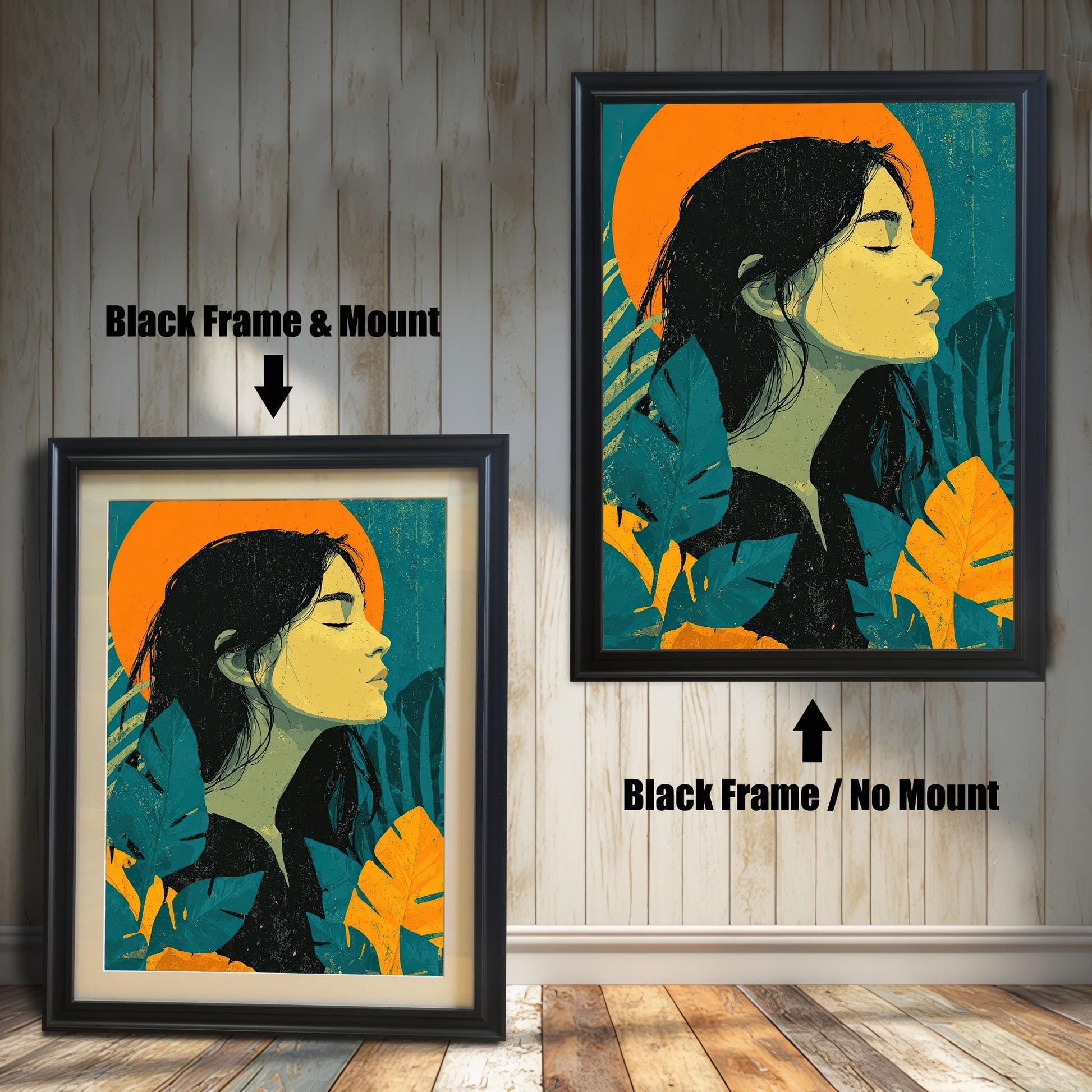 A side-by-side comparison of a framed art print. The left image shows the print in a thick black frame with a white mat, and the right image shows the print in a thinner black frame without a mat.