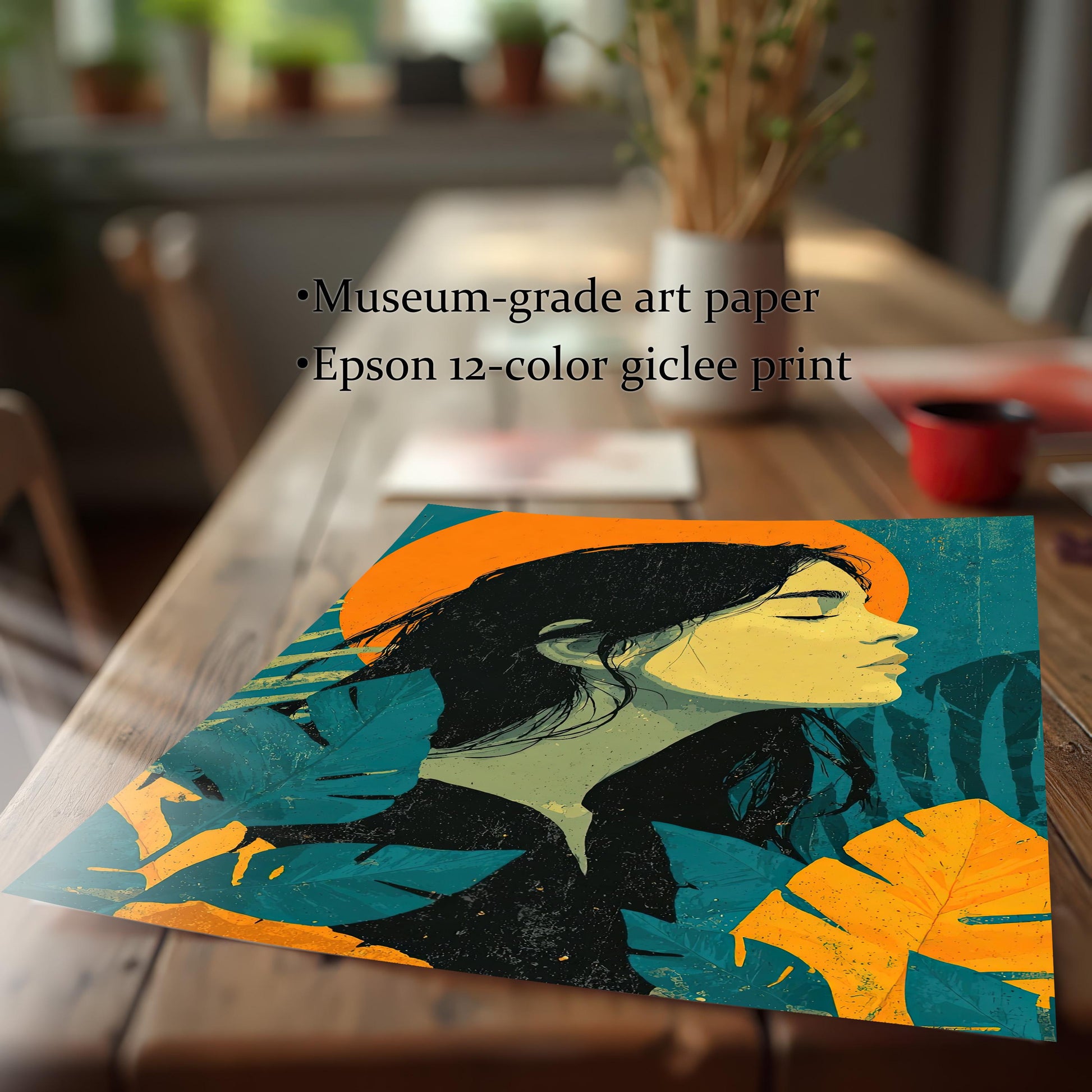 A close-up, angled view of an unframed print of a woman's profile surrounded by tropical leaves. Text notes it is a "museum-grade art paper" and "Epson 12-color giclee print."