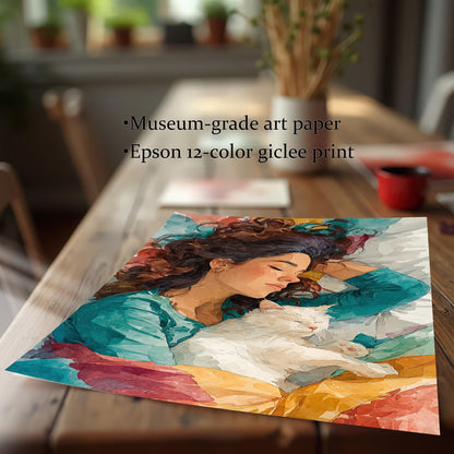 A close-up, angled view of an unframed art print of a woman sleeping with a cat. Text notes it is a "museum-grade art paper" and "Epson 12-color giclee print."