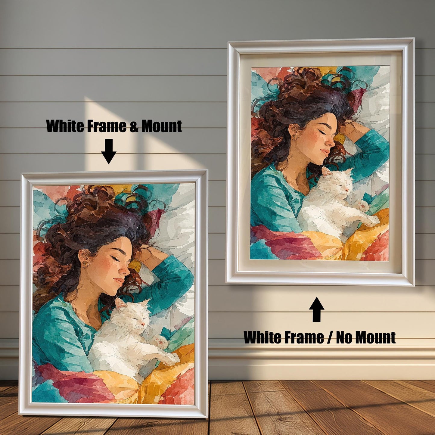 A side-by-side comparison of a framed art print. The left image shows the print in a thick white frame with a white mat, and the right image shows the print in a thinner white frame without a mat.