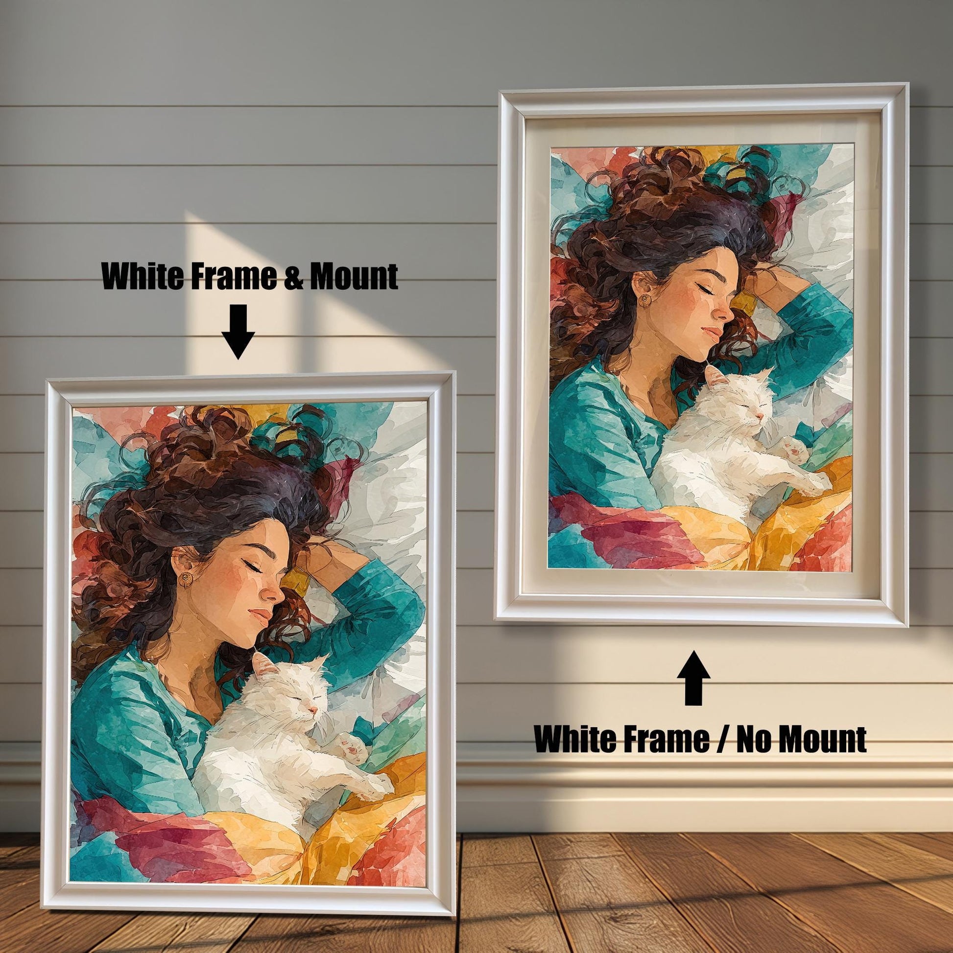 A side-by-side comparison of a framed art print. The left image shows the print in a thick white frame with a white mat, and the right image shows the print in a thinner white frame without a mat.