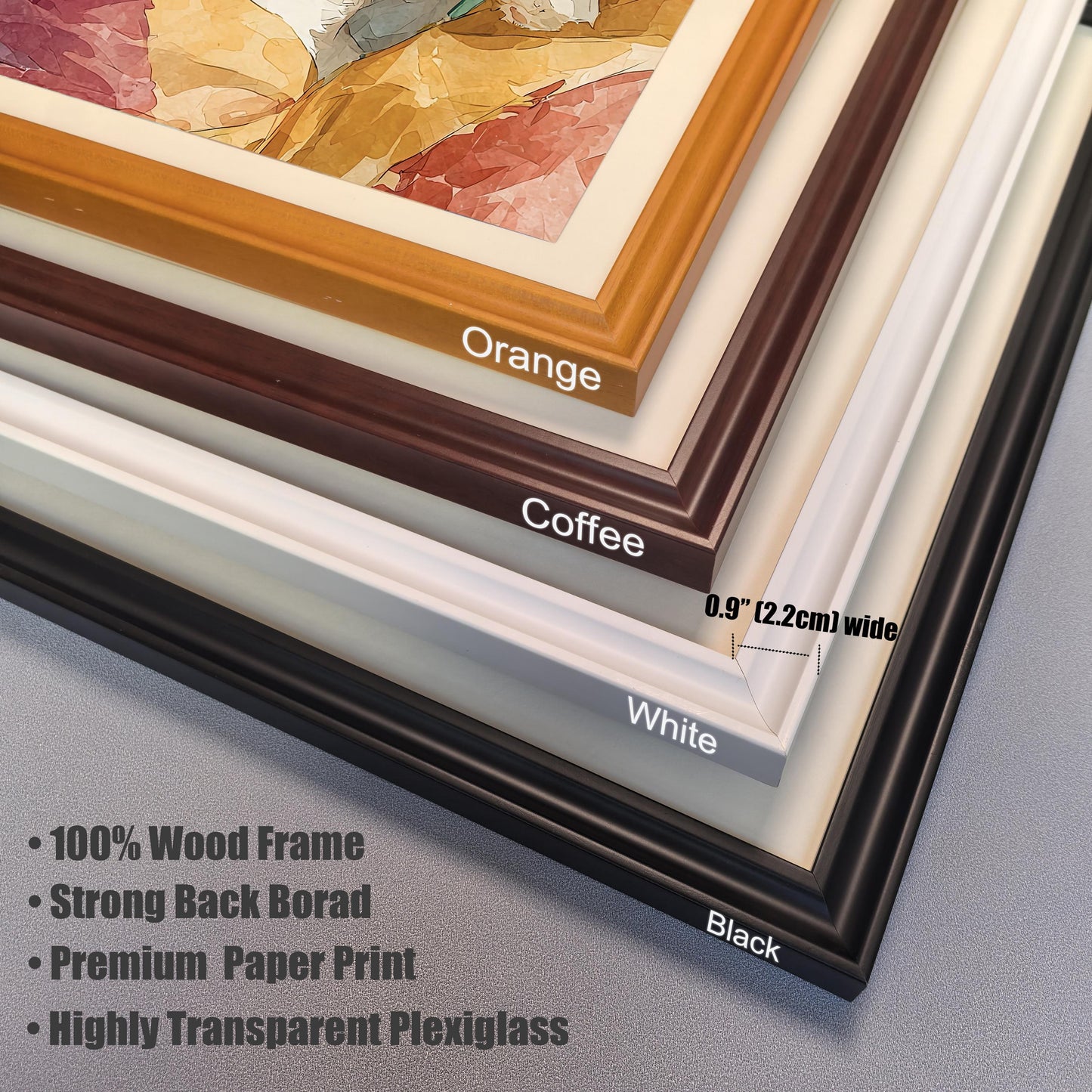 A close-up stack of different colored frames: orange, coffee, white, and black. Text lists features like "100% Wood Frame" and "Highly Transparent Plexiglass."