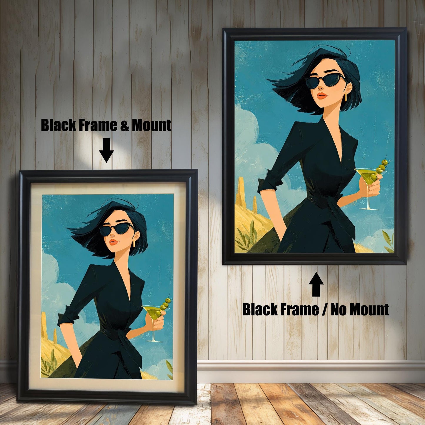 A side-by-side comparison of a framed art print. The left image shows the print in a thick black frame with a white mat, and the right image shows the print in a thinner black frame without a mat.