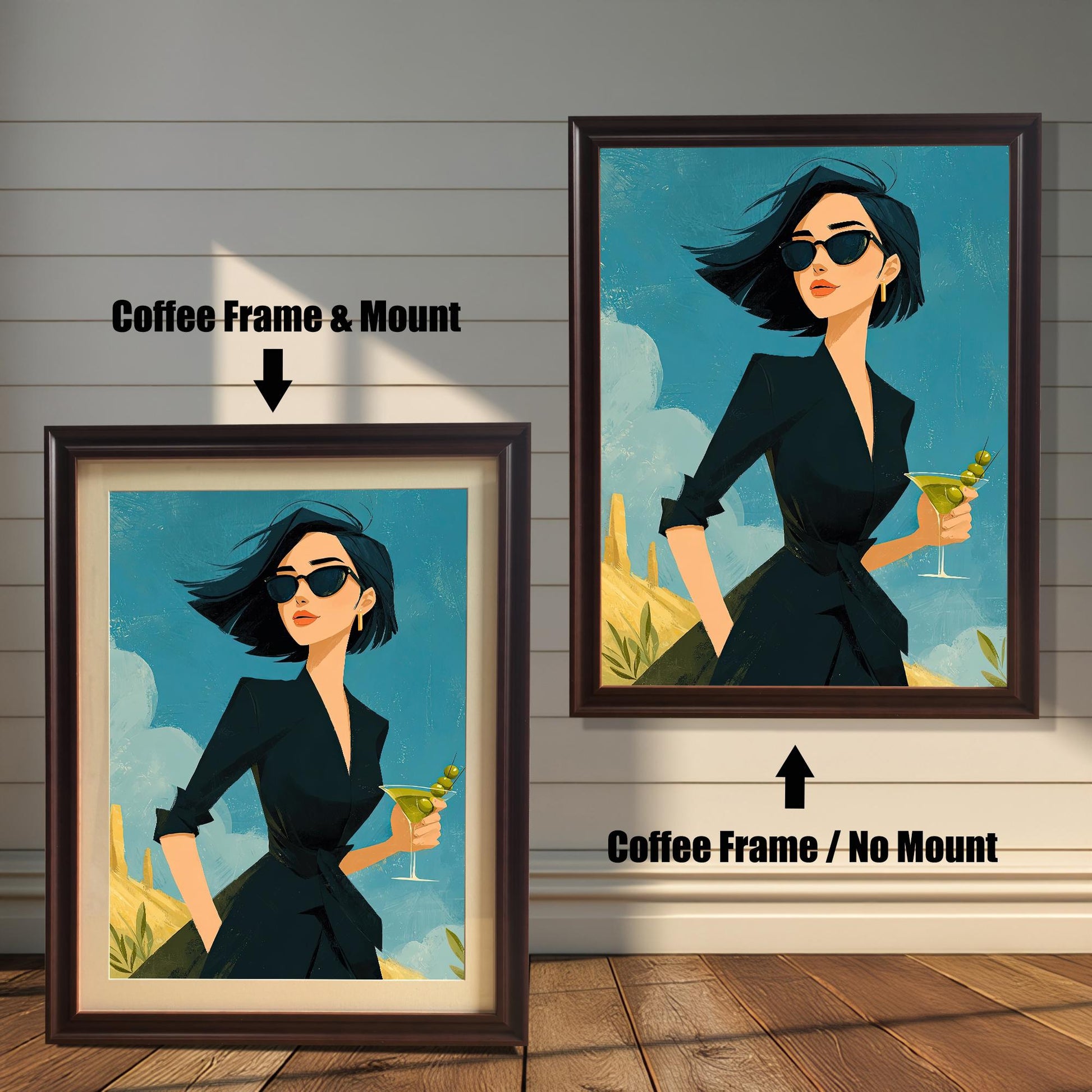 A side-by-side comparison of a framed art print. The left image shows the print in a thick coffee-colored frame with a white mat, and the right image shows the print in a thinner coffee frame without a mat.