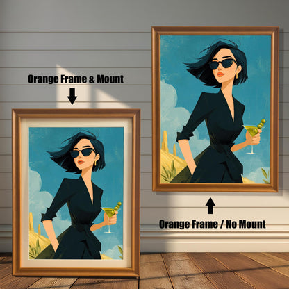 A side-by-side comparison of a framed art print. The left image shows the print in a thick orange frame with a white mat, and the right image shows the print in a thinner orange frame without a mat.