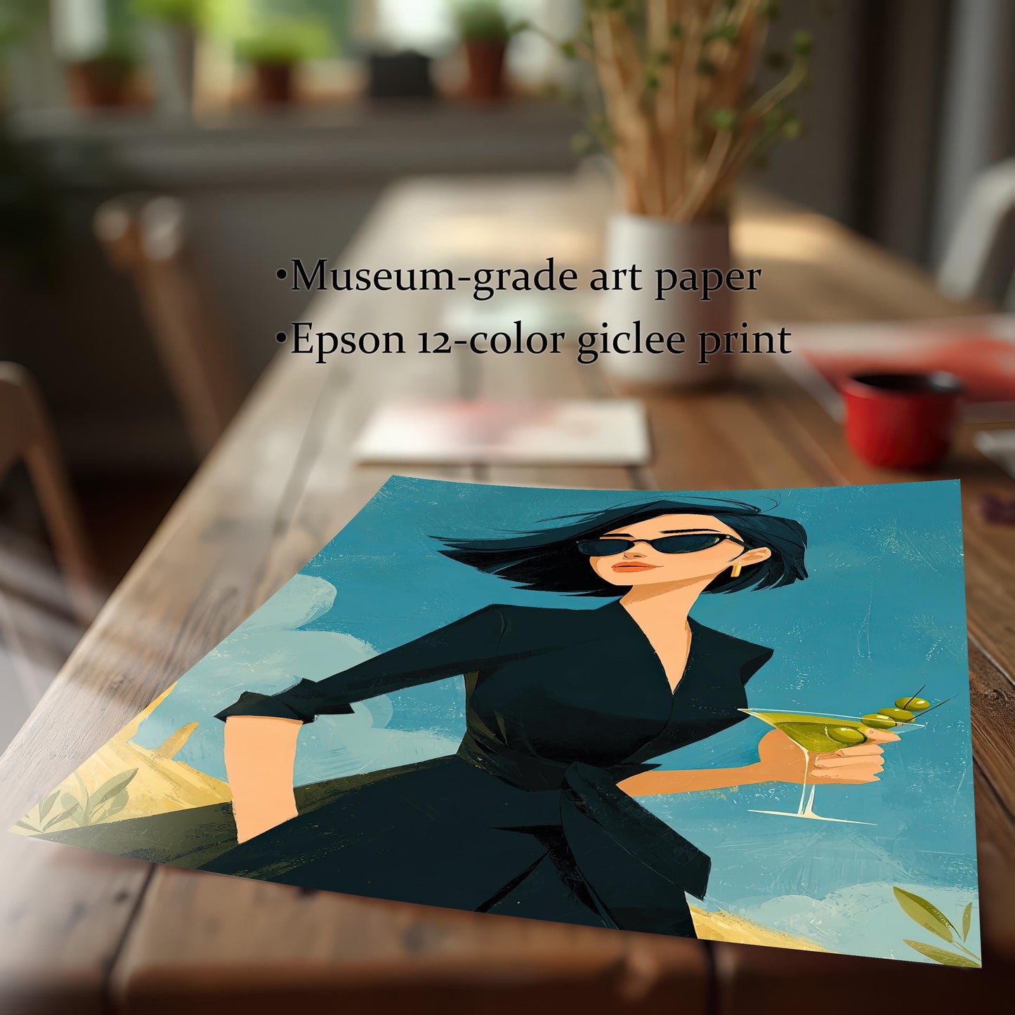 A close-up, angled view of an unframed art print of a woman in a black dress holding a martini. Text notes it is a "museum-grade art paper" and "Epson 12-color giclee print."