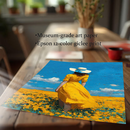 A close-up, angled view of an unframed art print of a woman in a yellow dress in a field. Text notes it is a "museum-grade art paper" and "Epson 12-color giclee print."